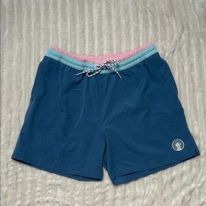 Chubbies Navy Swim Trunks with Pink and Green Waistband
